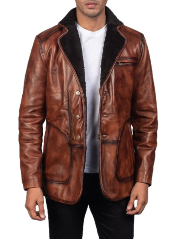 Men Rocky Fur Brown Leather Coat