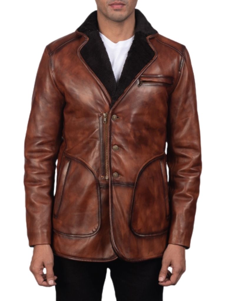 Men Rocky Fur Brown Leather Coat