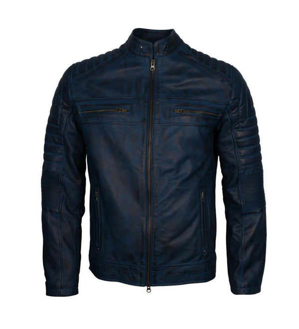 Men Cafe Racer Classic Style Biker Leather Jacket