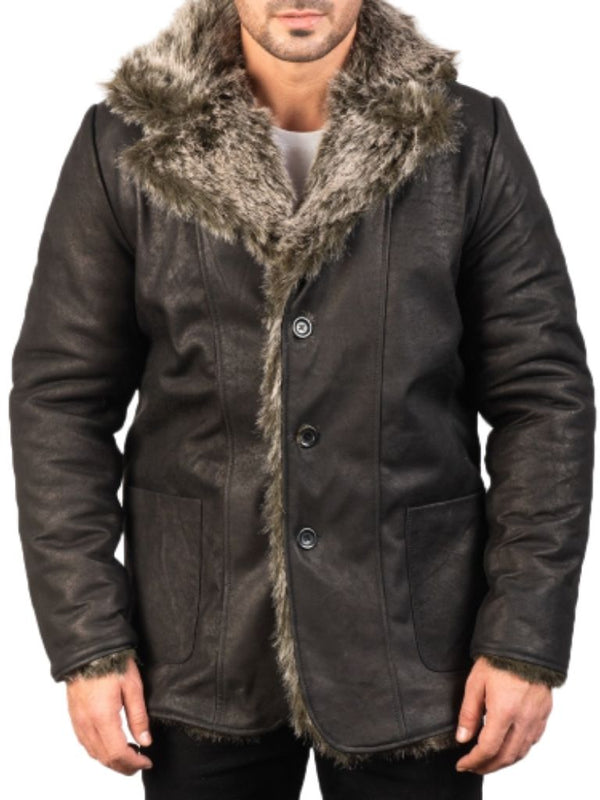 Men Black Leather Long Fur Coat