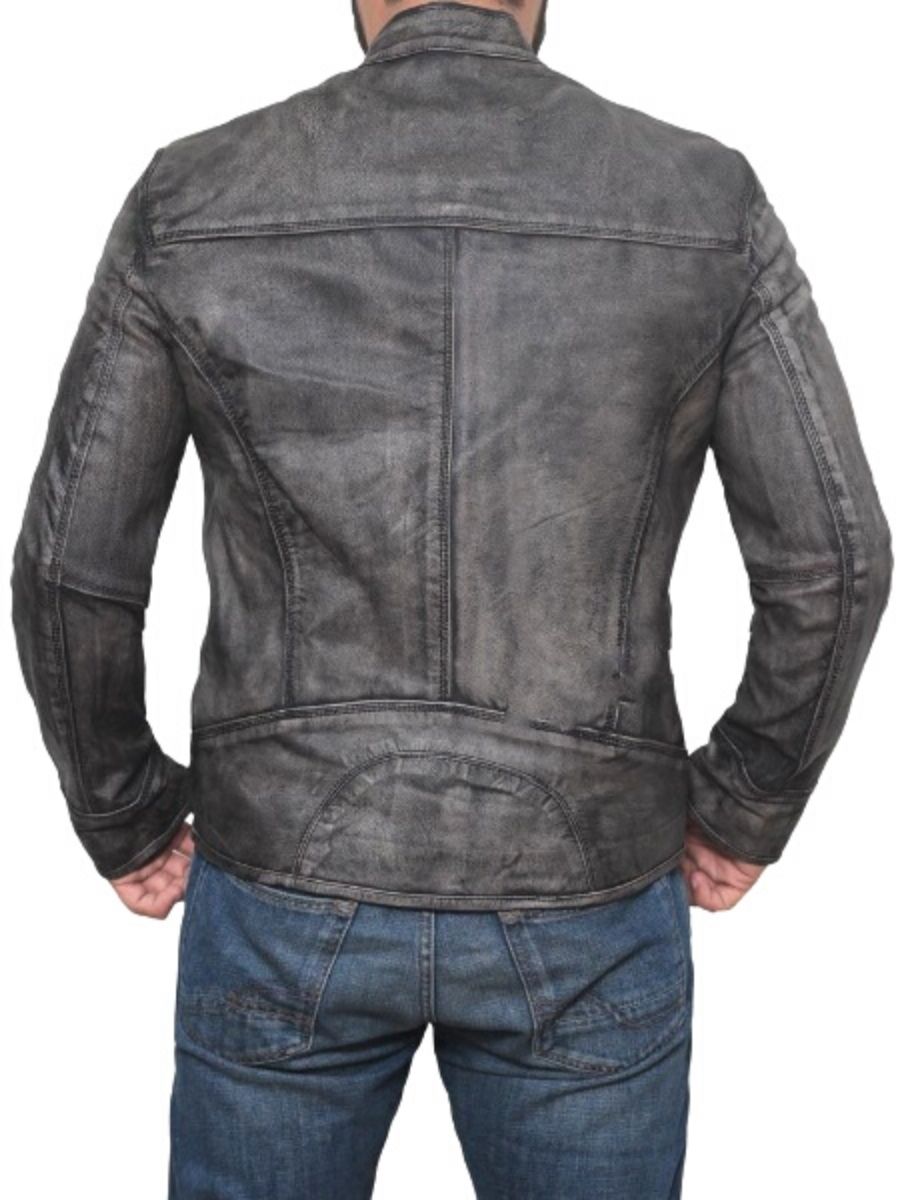 Cafe Racer Distressed Grey Biker Leather Jacket