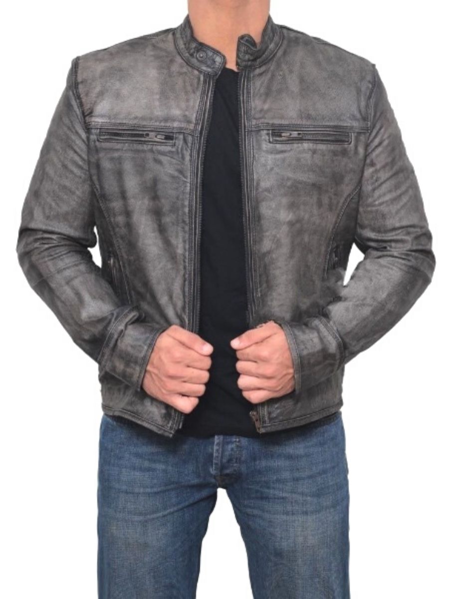 Cafe Racer Distressed Grey Biker Leather Jacket