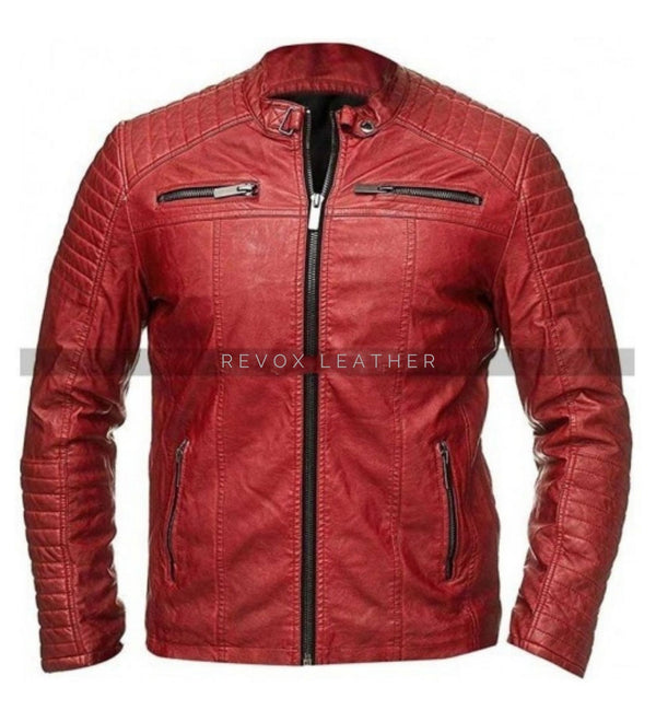 Men Vintage Red Quilted Motorcycle Leather Jacket