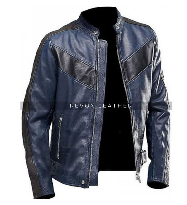 Men's Vintage Leather Blue Biker Jacket