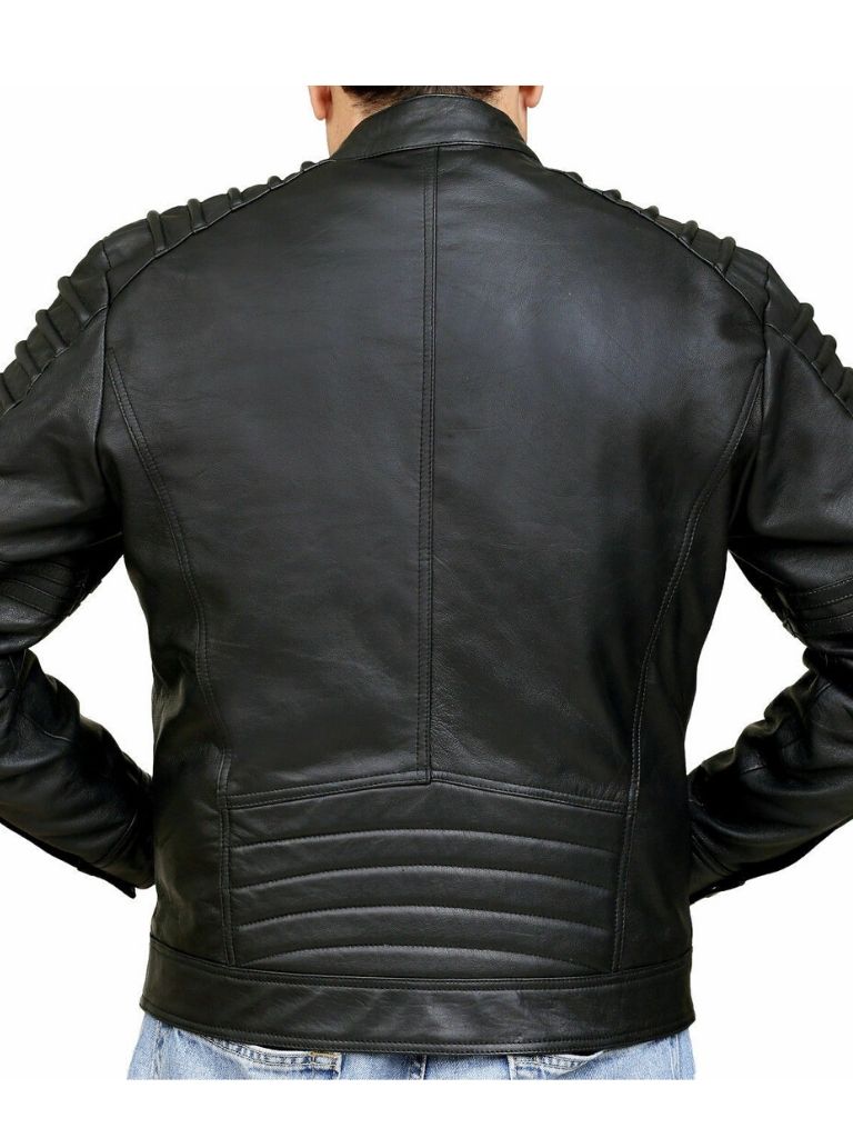 Men Quilted Black Slim Fit Leather Jacket