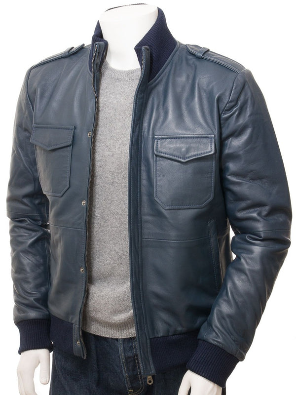 New Astounding Midnight Blue Bomber Casual Leather Jacket
