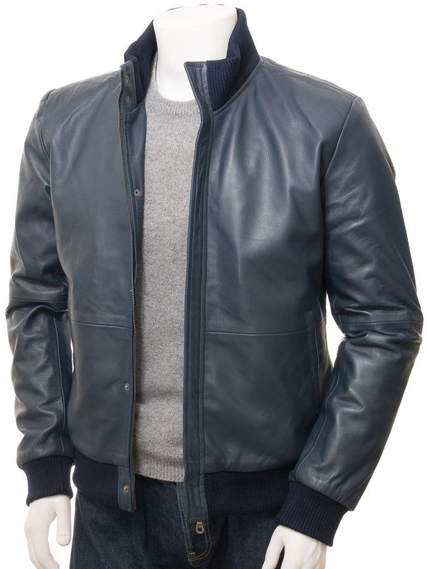 Men’s Blue Pilot Fashion Leather Military Bomber Jacket