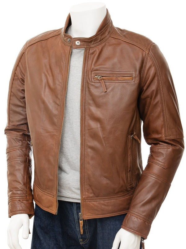 Men's Chestnut Bolt Genuine Leather Biker Jacket