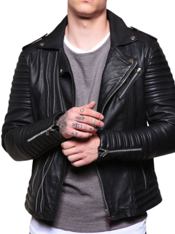 Men Handmade Genuine Black Leather Jacket