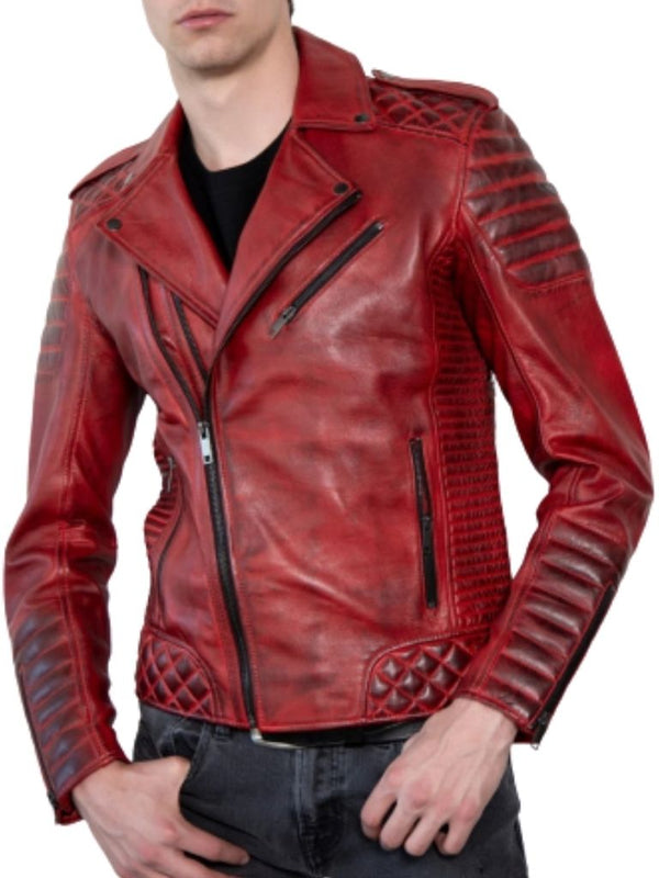 Quilted Red Leather Motorcycle Jacket