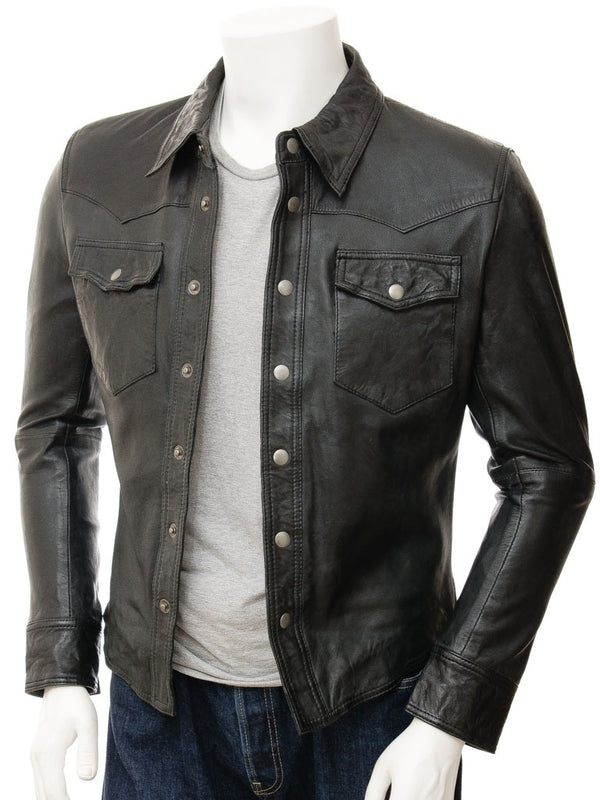 Men's Genuine Real Black Leather Shirt Full Sleeves