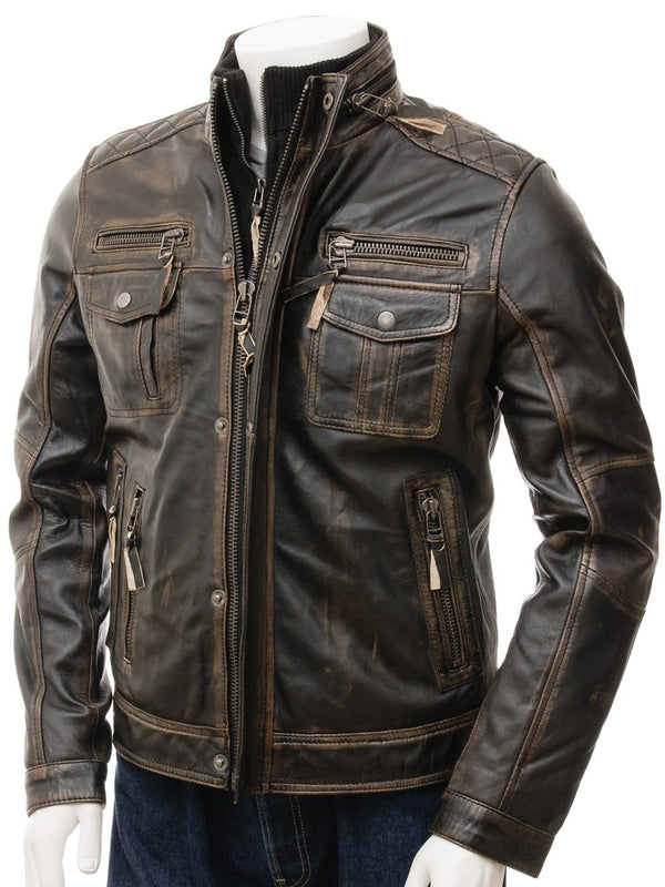 Mens Vintage Cafe Racer Distressed Motorcycle Retro Biker Genuine Leather Jacket